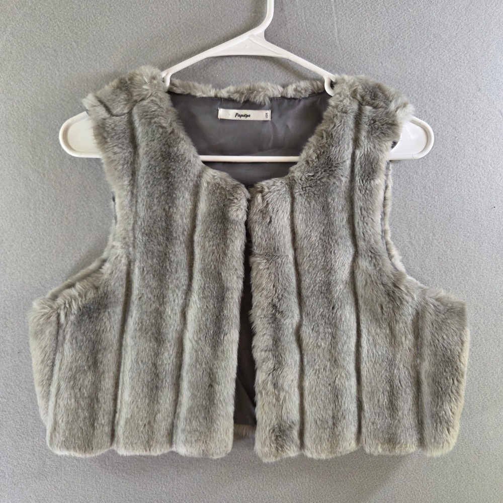 Papaya Cropped Gray Faux Fur Vest Glam Mob Wife Fall Winter Layering Size Large